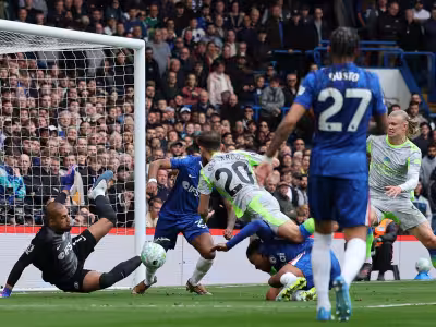 Nico O'reilly heads Manchester City ahead against Chelsea at Stamford Bridge