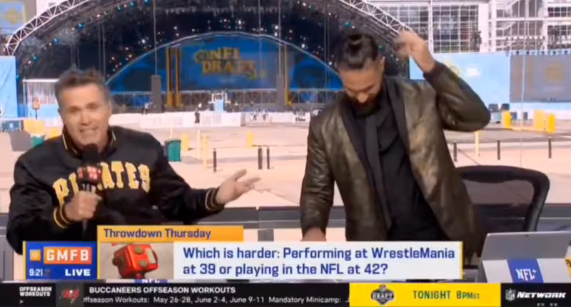 Kyle Brandt amps up Seth Rollins WWE bit on Good Morning Football