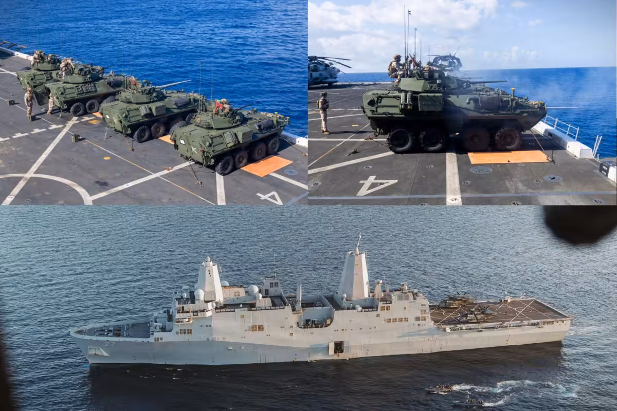 Marines fire LAV-25 from USS Portland deck in Pacific drill near Guam